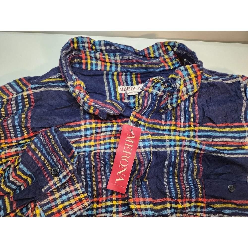 Merona Mens Plaid Flannel Long Sleeve Button Up Shirt XXL Navy Blue Red Yellow